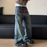 GETADME Korean Version Retro Letter Printed Jeans For Men Loose Straight Leg Wide Leg Pants High Street Hip-Hop Design Casual Pants