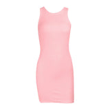 GETADME Women Ribbed Elastic Mini Dress Sleeveless Summer Fashion Sexy Solid Color Round Neck Tank Dresses Mini Bag Hip Night Club Dress