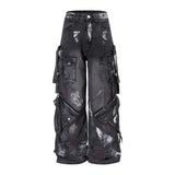 GETADME American 2000s Heavy Industry Y2K Harajuku Gothic Multi-Pocket Washed Black Jeans Men And Women Oversize Hip Hop Wide Leg Pants