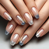 GETADME 24Pcs Short Square Coffin False Nails Square Fake Nails with Glue French Glitter Wearable Acrylic Nails Set Press on Nail Tips