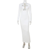 GETADME Women's Clothing With Hollow Out Long Sleeve Half High Collar Temperament Skinny White Party Long Dresses Evening Robes