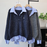 GETADME Pullovers Women Sweaters Two Fakes Turn Down Collar Full Sleeve Y2k Streetwear Elegant Splice Knit Striped Autumn Winter 2025
