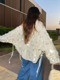 GETADME Women Sparkling Beaded Short Loose Jacket Chic Elegant V Neck Long Sleeve Lace Up Cardigan 2025 Autumn Female Fashion Streetwear