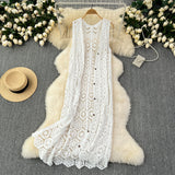 GETADME Longline Crochet Cardigan Button Front Sleeveless Sheer Open-knit Long Cover-up Jacket Women Summer Beach Vacation Outfit
