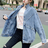 GETADME 여성 블루 데님 재킷 만다린 칼라 긴팔 솔리드 루즈 오버사이즈 차케타 무헤르
