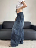 GETADME Stylish Chic Elegant Embroidered Patchwork Jeans Women Vintage Washed Draping Denim Straight Loose Fit Slimming Versatile Pants