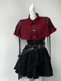 GETADME 에스테틱 Y2K 디자인 3피스 세트 여성복 고딕 버튼 디자인 탑 + 블랙 하이웨이스트 레트로 스커트 시크 벨트 프레피 세트