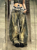 GETADME American Retro Washed Denim Jeans washing old hand-painted graffiti printed jeans Fashion Loose Casual Wide Leg Jeans