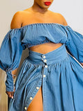 GETADME Women Denim Two Piece Set Plus Size Split Hem Off the Shoulder Elegant Puff Sleeve Elastic Top and High Waist Skirt Set Outfits