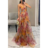 GETADME Sexy Hollow Out Party Dress, Women Summer Loungewear Fashion Printing Maxi Dress, Sleeveless Lace-Up Ladies Dress Vestido