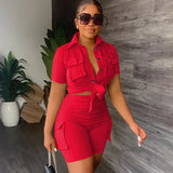 GETADME 여성용 스트리트웨어 투피스 세트 여름 복장 포켓 반팔 버튼업 셔츠 상의 반바지 세트 파티 클럽 매칭 세트