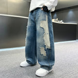 GETADME New Boys Spring Autumn Jeans Trendy Brand Fashion Patchwork Design Straight Loose Wide Leg Denim Pants for Middle Large Children