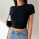 GETADME Short Sleeve T-Shirt Women Solid Simple Casual Soft All-Match Basic Crop Tops Tees Summer Fashion Skinny Tops Black White