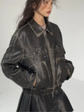 Getadme Y2k Bow Pu Leather Jacket Women Autumn Fashion Zipper Polo Collar Tops Sweet Cool Personal Street Vintage Oversized Coats