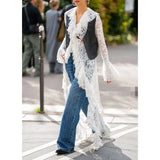 GETADME Combhasaki Women Floral Lace Mesh Flowy Maxi Top Tie Front Dimono Cardigan Sheer Long Sleeve Ruffled Duster Layer Shirt Cover Up