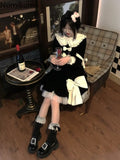 Getadme-Cute Dresses for Women Sweet Peter Pan Collar A-line Black Robe Femme 2024 Vestidos De Mujer Bandage Bow Velvet Vintage Dress