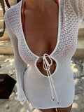 GETADME Knitted Women Short Dresses Hollow Out Full Sleeve See Through Lady Mini Dress 2025 Chic Elegant Summer Beach Female Slim Robes