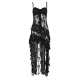 GETADME Women Dress Sexy Patchwork Mesh Strapless Irregular Waist Ruffled Split Black Dresses 2025 Fashion Night Party Vestidos