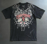 GETADME Gothic Vintage Distressed T-Shirt Two-in-One Skeleton Print Layered Top Y2K Retro Streetwear Loose Fit Harajuku Fashion Tee