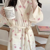 GETADME New Pajamas Women's Spring and Fall Korean Simple and Comfortable Robe Pink Bow Casual Loose Homewear Nightgowns Women's Clothin