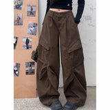 GETADME American Retro Casual Harajuku Jeans Women Mutil Pockets Vintage Aesthetic Denim Pants Y2K Wide Leg Punk Baggy Brown Trousers