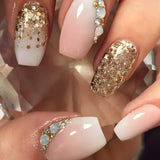 GETADME 24Pcs Short Square Coffin False Nails Square Fake Nails with Glue French Glitter Wearable Acrylic Nails Set Press on Nail Tips