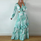GETADME 2025 New in Summer Elegant Bohemian Printing V Neck Hollow Out Lantern A line Big Swing Maxi Long Dress Vacation Lady Robes