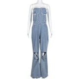 GETADME Casual Denim Jumpsuit Summer Women 2025 Strapless V Neck Zip Up Hole Street Trend Wide Leg Pants Club Romper With Pockets