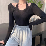 GETADME Womens Korean version Long Sleeve Sweater Off Shoulder Sexy Knitted Pullover Jumper Sweaters Knit Sweater Casual Loose Blouse