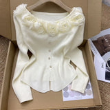 GETADME New Year's Pink Three-dimensional Flower Long-sleeved Slim Top French One-line Base Short Sweater