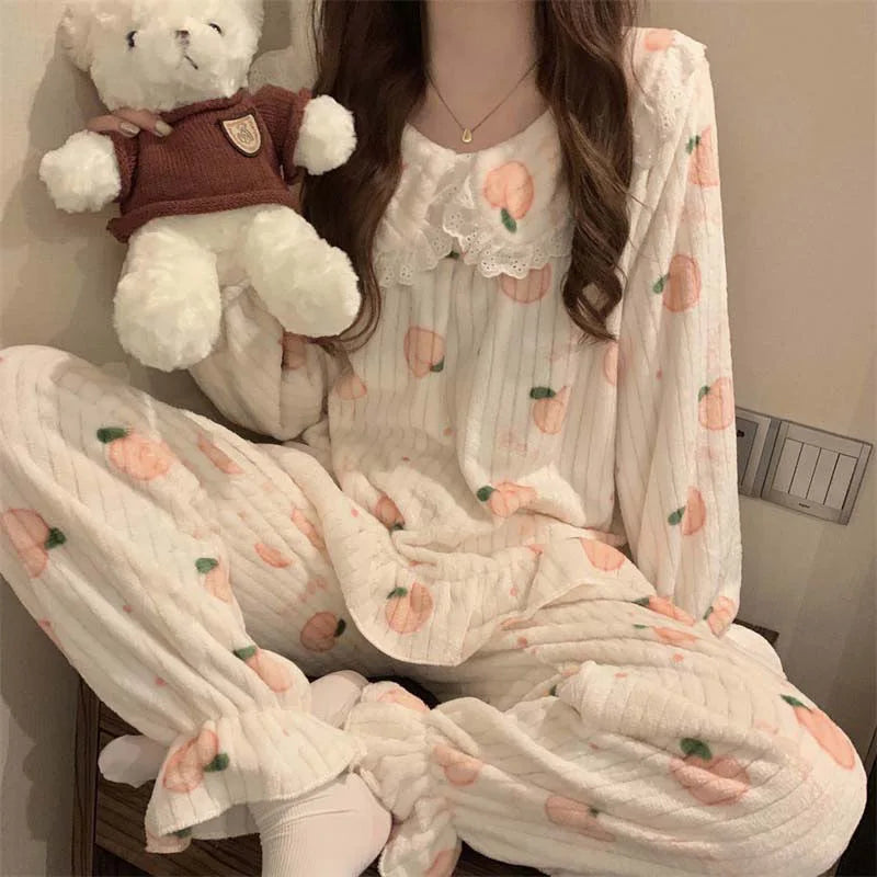 GETADME 만화 잠옷 세트 여성 잠옷 따뜻한 플란넬 잠옷 여자용 피자마 세트 정장 바지 홈 한국 복숭아색 잠옷 레이스 잠옷