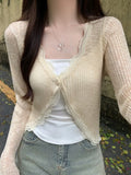 GETADME Lace Trim One Button Long Sleeve Crop Top Women Short Sleeve Open Front Ribbed Knit Cardigan Sweater Summer Fairycore Outfit