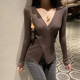 Getadme-Autumn Winter Knitwear Tops Fashion Female Long Sleeve Skinny Elastic Casual V-neck Knitted Shirts Women Pullover Sweaters