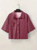 GETADME Men's Short-Sleeved Button-Up Shirt, Retro Red Checkered Striped Casual Shirt, Suitable for Summer Streetwear Tops