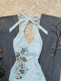 GETADME American Vintage Blue Rose Printed Camisole Vest for Women Summer Spicy Girl Slim Waist Streetwear Halter Top Y2k Aesthetic Vest
