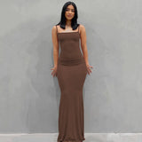 GETADME 2025 Summer Fishtail Backless Dresses For Women's Sexy Spaghetti Strap Gray Long Dress Y2k Sleeveless Solid Skinny Robe Vestidos