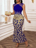 GETADME Elegant Leopard Print Sequin Fishtail Dress for Women, Black & Gold, Sleeveless, Party Evening Wear