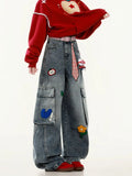 GETADME Embroidered Harajuku women's jeans American casual style retro straight leg high street wide leg pants Y2k loose jeans for womem