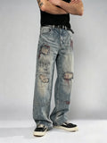 GETADME 【HME】Men's jeans | Vintage Washed Denim Pants, Men Wide Leg Baggy Jeans With Patchwork Distressed Embroidery, Elastic Back Waist Casual Denim Trousers For Street Daily Wear, Loose Fit Men Denim Bottoms For Hip‑hop Style Outfits