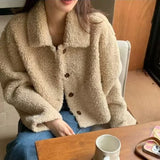 GETADME Women Autumn Winter Double Fleece Warm Thicken Jacket Turn-down Single-Breasted Short Outerwear Loose Fashion Casual Overcoat