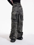 GETADME Trashy Y2K 2000S Streetwear Vintage Grey Baggy Pleated Cargo Jeans Pants For Women Clothing Multi Pockets Wide Leg Lady Trousers