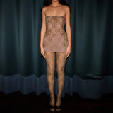 GETADME 섹시 레이스 메시 시스루 클럽 2피스 세트 스트랩리스 롱 탑+탄성 풋 레깅스 레이디 슬림 미드나잇 매칭 의상 Y2K