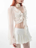 HOUZHOU Coquette Mini Skirt Women 2023 Kawaii Lace Mesh Patchwork Sexy White High Waist A-line Lolita Ruffle Skirt Fairycore