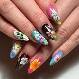 Getadme 24pcs Cute Cartoon Fake Nail Tips Oil Painting Series Printed Almond Press On Nail Sweet Cool Charming False Nail For Spicy Girl