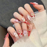 GETADME 10PCS 3D Cherry Bowknot Decor Handmade Press on Nails Glitter Almond Sweet Fake Nails Wearable Blush Cat's Eye False Nails Art