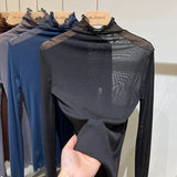 GETADME 섹시 여성 티셔츠 시스루 투명 메쉬 탑 긴팔 시스루 슬림 여성 솔리드 터틀넥 실크 티셔츠 레이스 크롭 탑