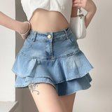 GETADME Vintage Denim Skirt Shorts Women Summer Korean Fashion High Waist A-line Wash Blue Slim Cute Sexy Mini Jeans Ruffle Skirt Female