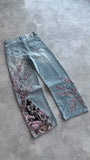 GETADME Men Women Cherry Blossom Knight All Embroidery Denim Pants Y2k Vintage Baggy Street Straight Jeans High Waisted Washed Blue Jean