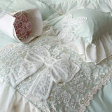 GETADME 3/4Pcs Korean Princess-Style Bow Lace Ruffle Green Bedding Set 2-Person Boiled Cotton Bed Linen Duvet Cover Pillowcase Included