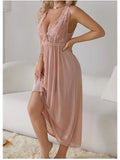 GETADME Sexy Pajamas Long Nightgown Home Wear Fashion Lace Dress For Women Deep V Sleepwear Chiffon Nightdress Wedding Night Clothes